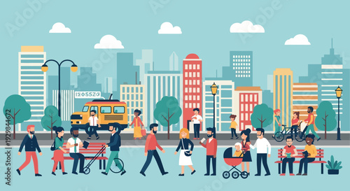 City life scene with people walking and commuting near buildings and vehicles on a clear day from a high viewpoint