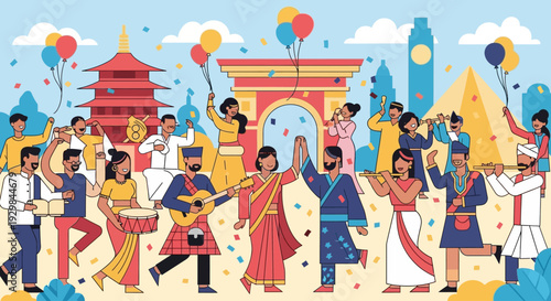 Vibrant cultural festival scene with people dancing around landmarks in joyous celebration outdoors