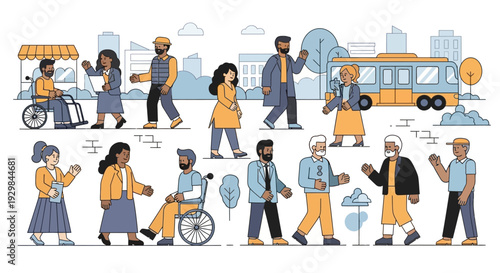 Diverse people walking and interacting in urban setting with transportation and cityscape