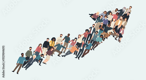 Diverse group of people forming an upward arrow illustration representing unity and progress together