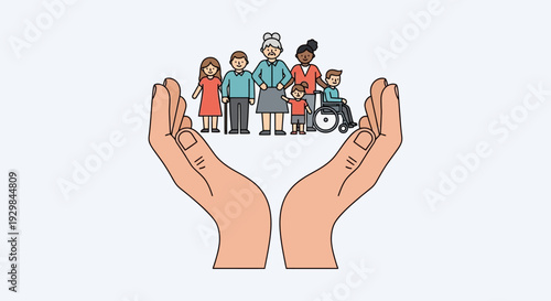 Diverse group of people including a nurse and a person in a wheelchair being supported by caring hands