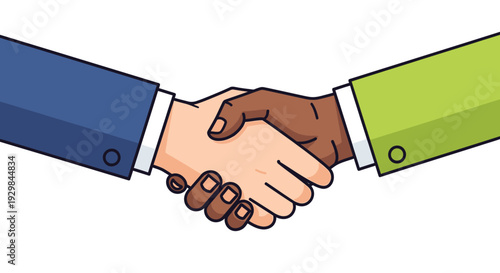 Two individuals from different backgrounds shaking hands in a gesture of agreement and partnership illustrated in a graphic style