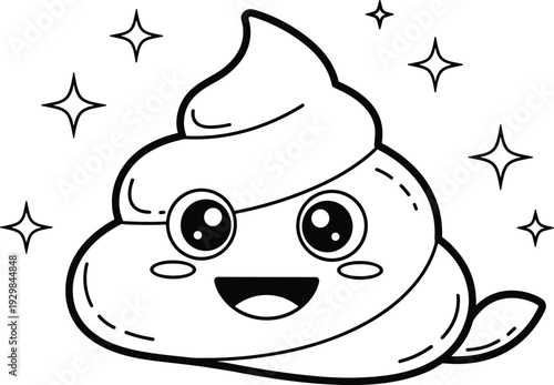 Kawaii Sparkling Poop Emoji Mascot Featuring Anime Eyes and Twinkling Stars in Minimalist Black and White Line Art for Playful Branding
