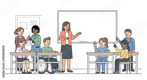 Teacher instructing students in a classroom setting with a whiteboard and desks, seen from a slight angle