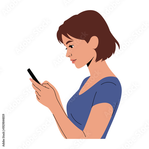 A woman with short brown hair is intently looking at her smartphone with a subtle smile on her face.
