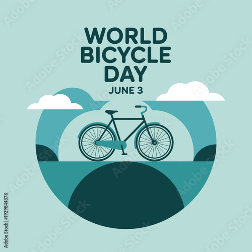 A graphic illustration celebrating World Bicycle Day on June 3 with a bicycle in a scenic landscape