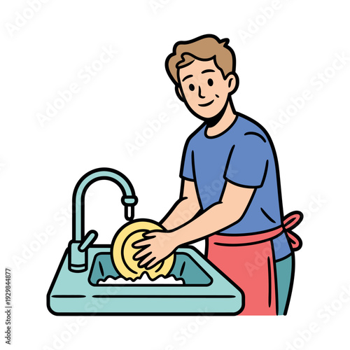A cartoon man washing dishes in a kitchen sink with a smile on his face
