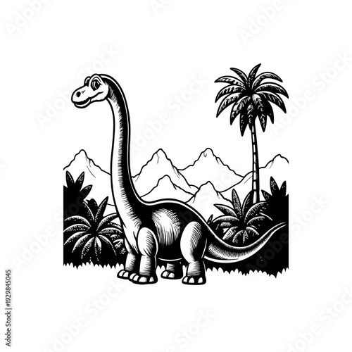 Happy Brontosaurus dinosaur in a prehistoric landscape with palm trees and mountains, black and white vector illustration.