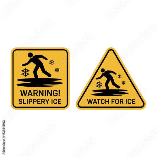 Two yellow warning signs for slippery ice on a white background