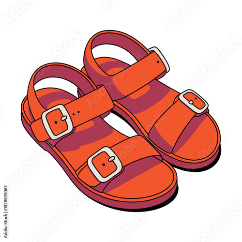 A pair of vibrant orange sandals with silver buckles on a clean white background