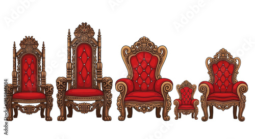Ornate Royal Thrones, Luxury Red Velvet Chairs, Carved Wood, Regal Seating Collection