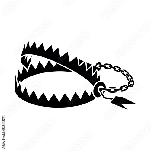A black bear trap with sharp teeth and a chain on a white background