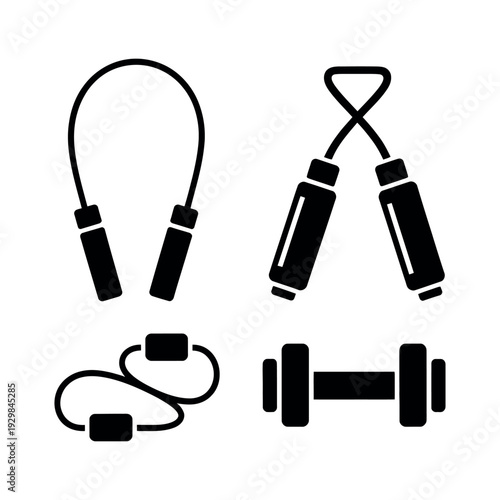 A set of black icons featuring jump ropes and a dumbbell on a white background for fitness and exercise.