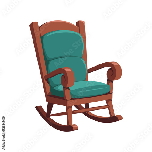 A comfortable teal cushioned wooden rocking chair on a plain white background