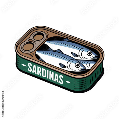 An illustration of a green can of sardines with two fish visible inside.