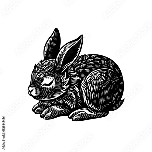 Stylized black and white illustration of a sleeping rabbit, rendered in a detailed woodcut or linocut artistic style, isolated on a white background.