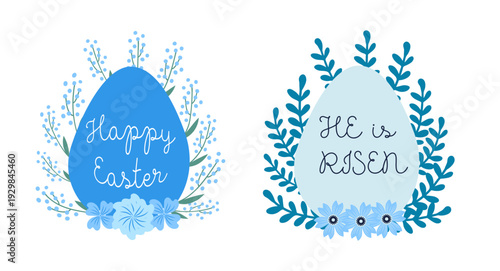 A set of Easter cards with an egg, bunny and flowers. The inscriptions read He is risen, Happy Easter 