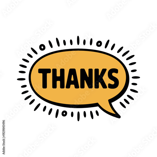 A cartoon speech bubble with the word thanks in a playful and modern design