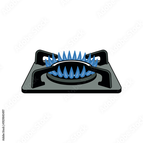 A gas stove burner with blue flames burning on a gray cooking surface