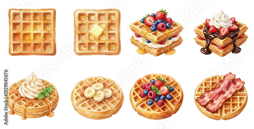 A charming watercolor collection of waffles, including classic squares, berry stacks, whipped cream, and bacon topping.