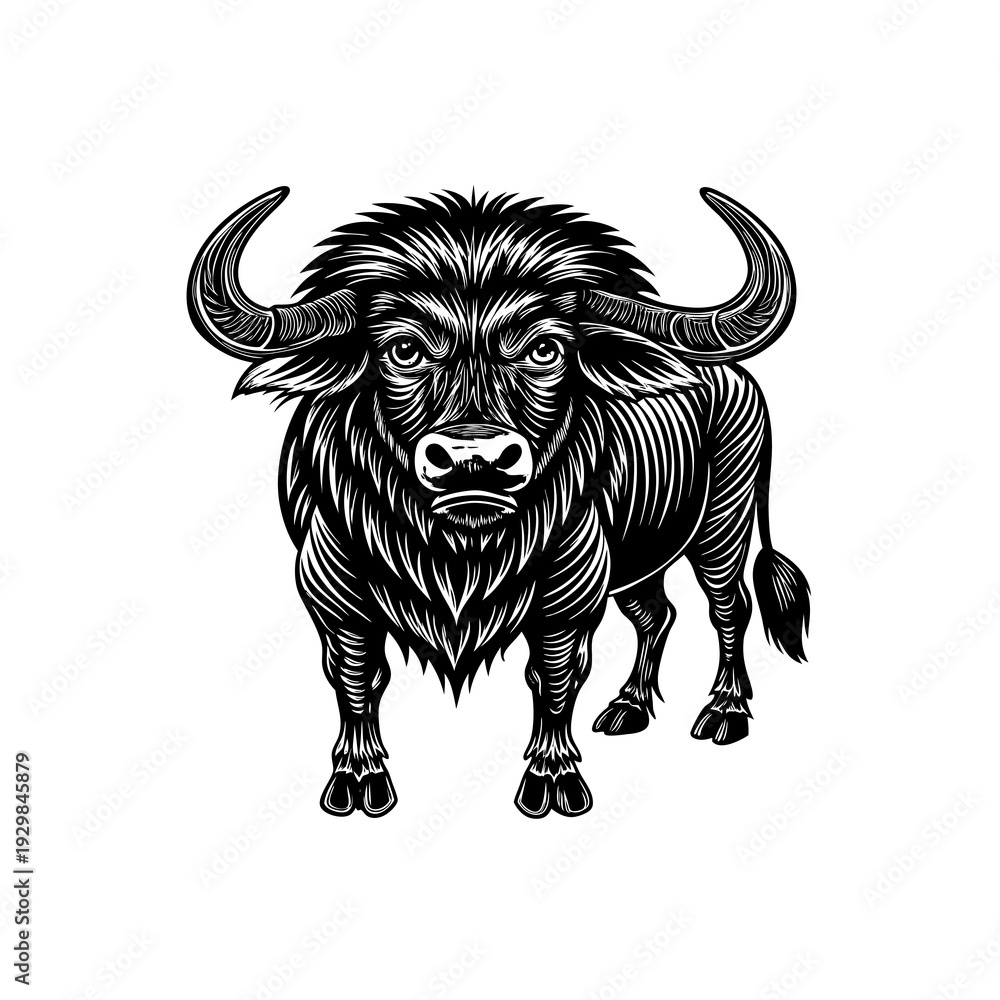 Fototapeta premium Powerful and majestic buffalo illustration with intricate line art detailing its fur and horns, facing forward on a white background.