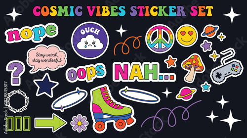 Cosmic Vibes Retro Sticker Set with Psychedelic Illustrations and Groovy Text