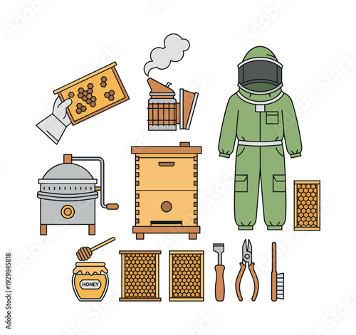 Beekeeping tools and equipment, including bee suit, smoker, honey extractor, beehive, frames, jar, and various instruments