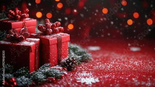 Christmas background with red gift boxes, white snowflakes, and Christmas lights on the right side of a red banner.