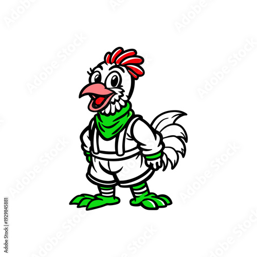 Cute cartoon chicken character with a green bandana and suspenders, standing happily.