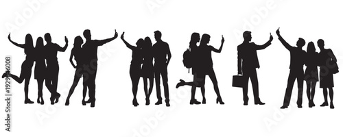 Vector set of people silhouettes taking selfies in various poses