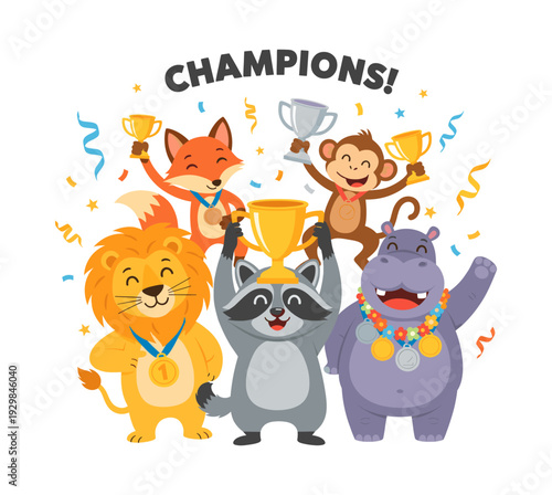 Group of happy cartoon animals, lion, fox, raccoon, monkey, and hippo, celebrating victory with trophies and medals