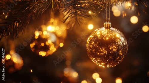 Christmas Magic Comes Alive with Sparkling Ornaments. Golden Christmas Balls Shine Brightly, Creating a Festive Atmosphere