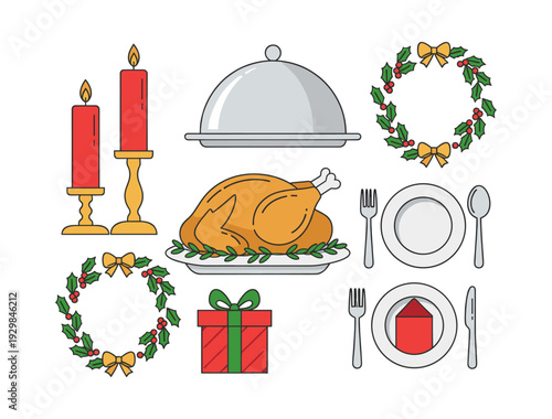 Festive vector illustration with holiday meal items, including roasted turkey, burning candles, decorative wreaths, a present, and a table setting