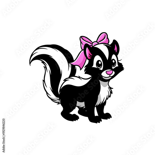Cute cartoon skunk character with a pink bow, isolated on a white background, adorable animal illustration.