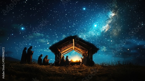 Christmas Nativity Scene. Manger under Bright Starry Night Sky. Religious Holiday, Birth of Jesus, Christian Theme