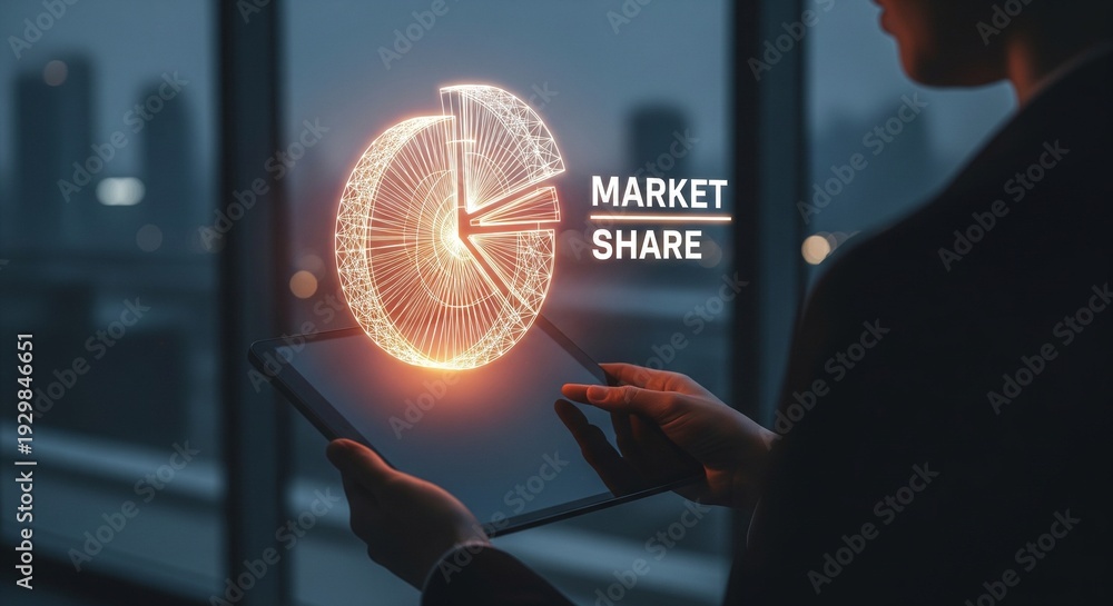 Fototapeta premium Tablet with Holographic Pie Chart and Market Share Text 