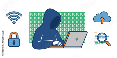 Hacker wearing a hood typing on a laptop, surrounded by binary code and cybersecurity related icons, symbolizing data breach and crime