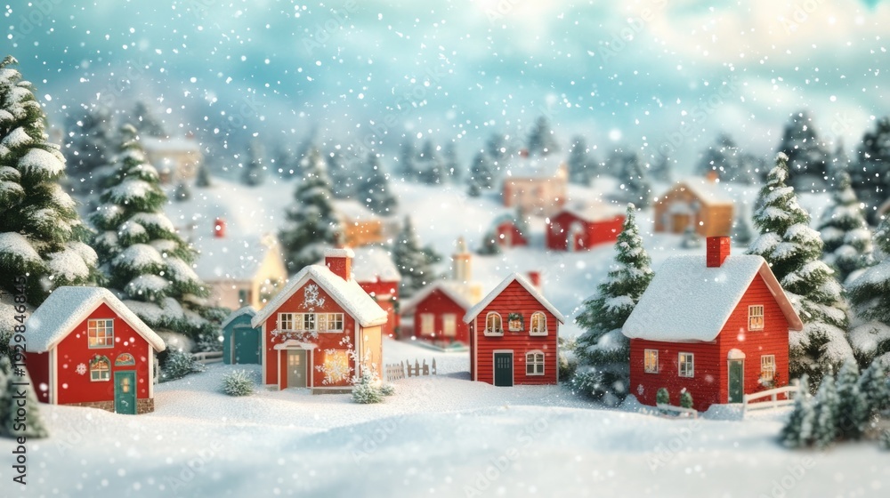Fototapeta premium Christmas village with Snow in vintage style. Winter Village Landscape. Christmas Holidays. Christmas Card. 3d illustration