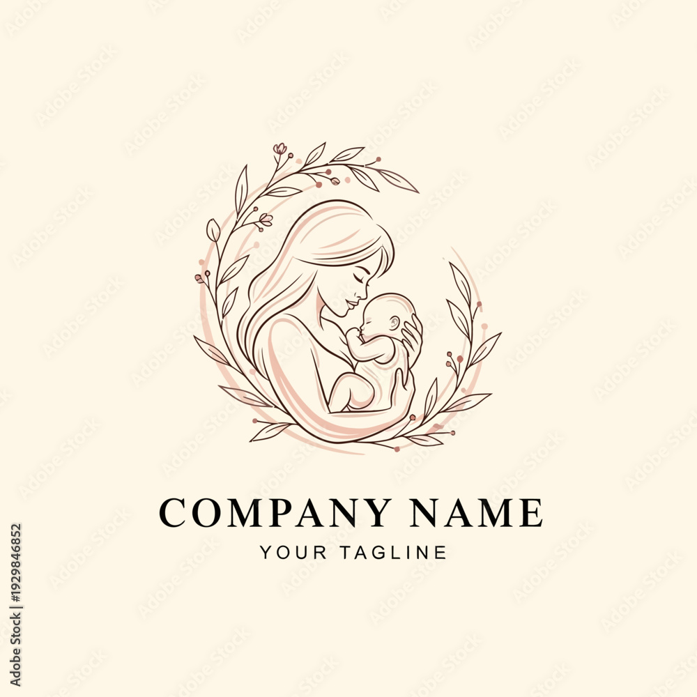 Obraz premium Mother and Child Line Art Logo Design with Floral Elements.