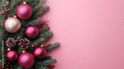 Christmas tree with ornament on pink background with copy space