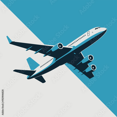 An airplane flying through a clear blue sky with a diagonal gray background