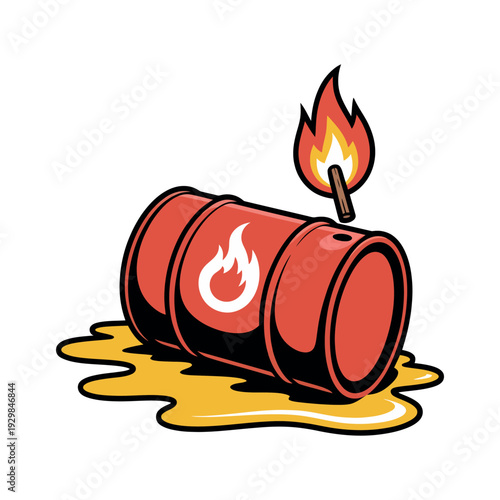 A cartoon illustration of a flaming oil barrel with a puddle of oil underneath it.