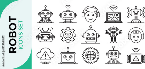 Robot Icon Set,  Robotics Line Art Icon Set – AI, Automation, and Futuristic Technology Outline Symbols Bot AI icon set robot assistant virtual smart character bubble logo 