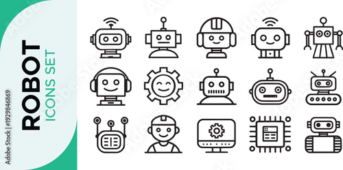 Robot Icon Set,  Robotics Line Art Icon Set – AI, Automation, and Futuristic Technology Outline Symbols Bot AI icon set robot assistant virtual smart character bubble logo 
