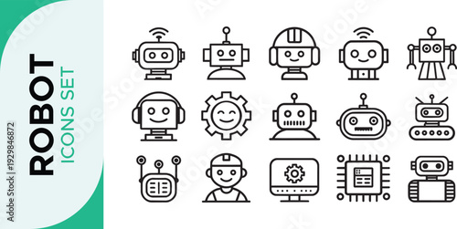 Robot Icon Set,  Robotics Line Art Icon Set – AI, Automation, and Futuristic Technology Outline Symbols Bot AI icon set robot assistant virtual smart character bubble logo 