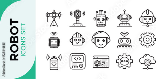 Robot Icon Set,  Robotics Line Art Icon Set – AI, Automation, and Futuristic Technology Outline Symbols Bot AI icon set robot assistant virtual smart character bubble logo 