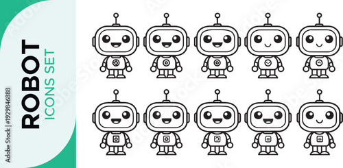 Robot Icon Set,  Robotics Line Art Icon Set – AI, Automation, and Futuristic Technology Outline Symbols Bot AI icon set robot assistant virtual smart character bubble logo 