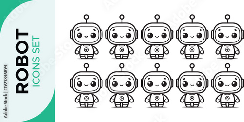 Robot Icon Set,  Robotics Line Art Icon Set – AI, Automation, and Futuristic Technology Outline Symbols Bot AI icon set robot assistant virtual smart character bubble logo 