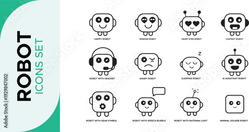 Robot Icon Set,  Robotics Line Art Icon Set – AI, Automation, and Futuristic Technology Outline Symbols Bot AI icon set robot assistant virtual smart character bubble logo 
