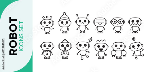 Robot Icon Set,  Robotics Line Art Icon Set – AI, Automation, and Futuristic Technology Outline Symbols Bot AI icon set robot assistant virtual smart character bubble logo 